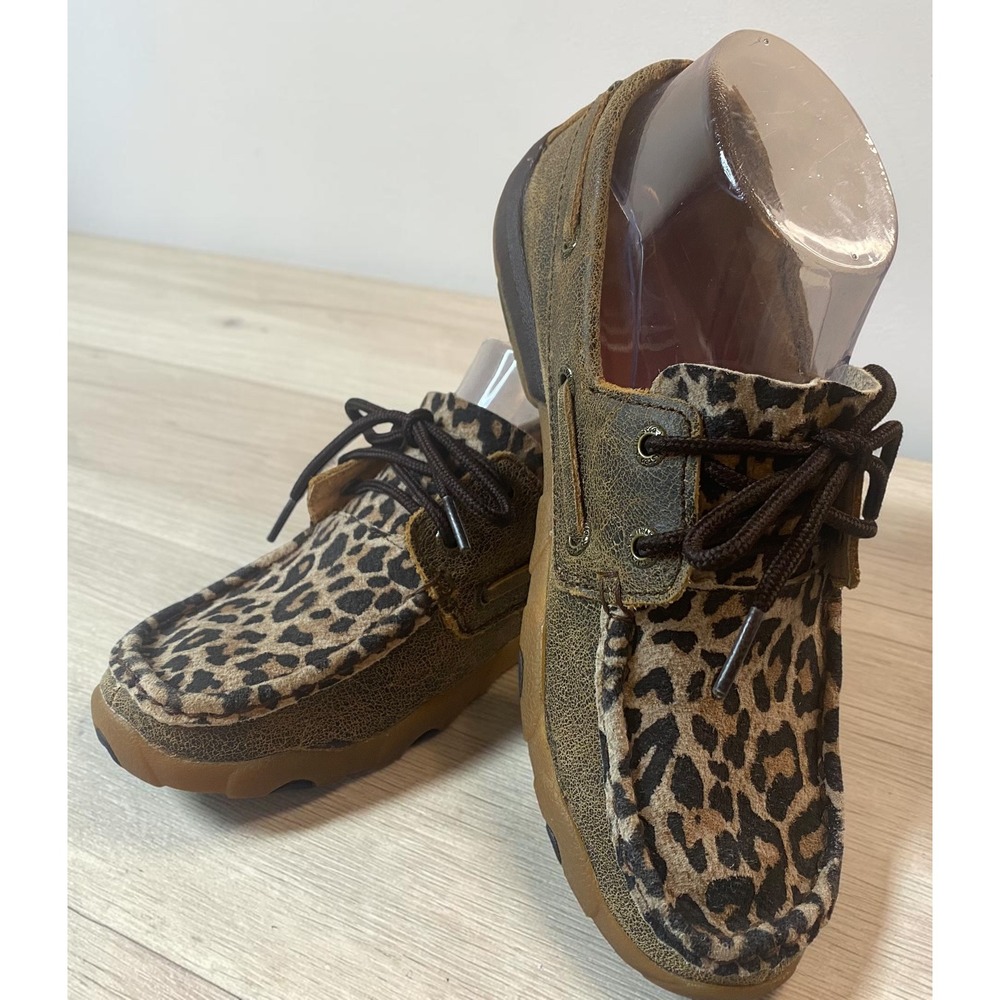 Twisted X Leopard Print Distressed Brown Leather Moccasin Shoes Womens 6M